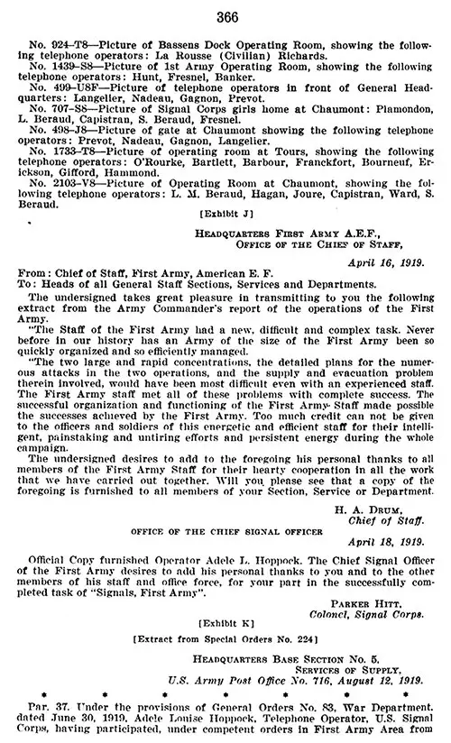 "[Exhibit J]: Affidavit of Gertrude Hoppock: Extract from Army Commander’s Report of First Army Operations, 16 April 1919," in Recognition for Purposes of VA Benefits, Hearing before the Committee on Veterans' Affairs, United States Senate, Ninety-Fifth Congress, First Session on S. 247, S. 1414, S. 129, and Related Bills. Washington, DC: US Government Printing Office, 25 May 1977.