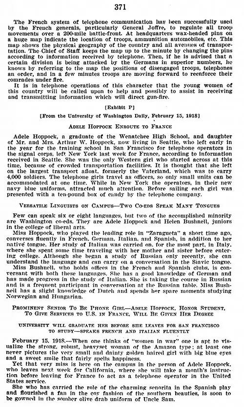 [Exhibit P], Part 1: Affidavit of Gertrude Hoppock: Termination of Services - Adele Hoppock and En Route to France, [From the University of Washington Daily, 15 February 1918].