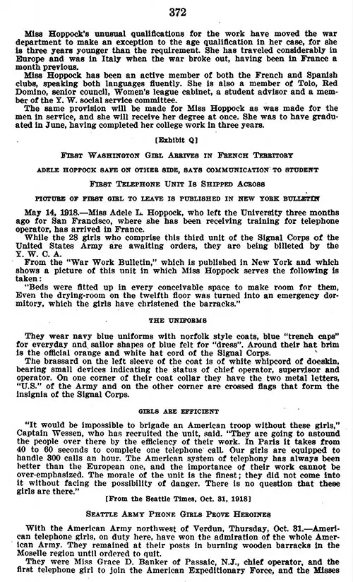 [Exhibit P], Part 2: Affidavit of Gertrude Hoppock: Termination of Services - Adele Hoppock and En Route to France, [From the University of Washington Daily, 15 February 1918].