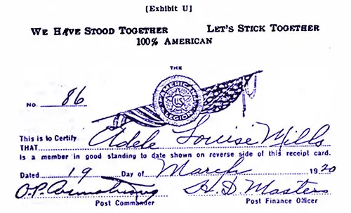 Exhibit U: Affidavit of Gertrude Hoppock: American Legion Membership Card for Adele Louise (Hoppock) Mills, 19 March 1920,"