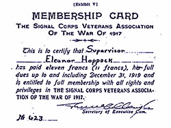 Exhibit V – Signal Corps Veterans Association Membership Card for Supervisor Eleanor Hoppock, 1919