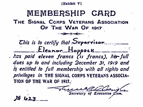 GGA Image ID # 2371e4533e. Click to View a Larger Image. Signal Corps Veterans Association of the War of 1917 Membership Card for Supervisor Eleanor Hoppock, Dues Through 31 Dec. 1919, Card No. 623.