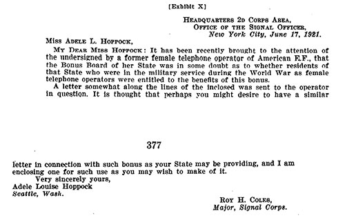 [Exhibit X]: Affidavit of Gertrude Hoppock: Letter from Major Roy H. Coles to Adele L. Hoppock - June 17, 1921,