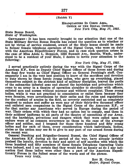 Exhibit Y: Affidavit of Gertrude Hoppock: Letter from Major Roy H. Coles to Adele L. Hoppock - June 17, 1921.