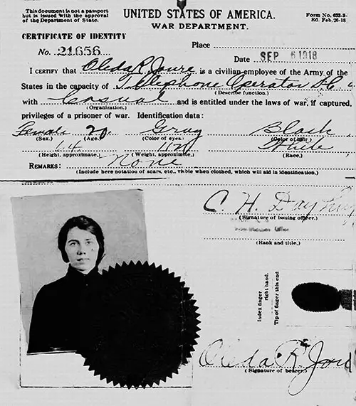 Certificate of Identity, Issued 6 September 1918 by the War Department, United States of America to Telephone Operator Oleda R. Joure Identifying Her as a Civilian Employee Working for the US Army.