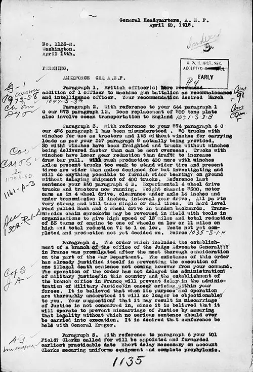 Part 1 of 2, Cable Number 1135, General Headquarters, A.E.F., 20 April 1918.