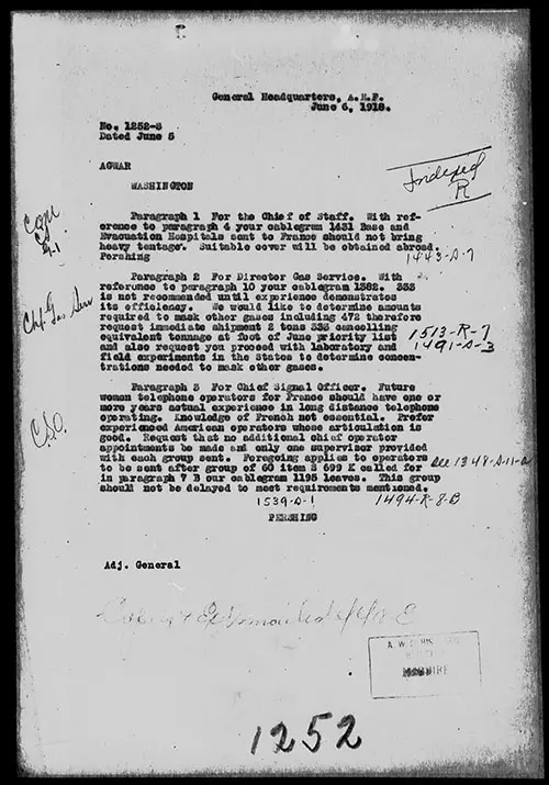 Pershing cablegram removing French requirement for women operators (6 June 1918)