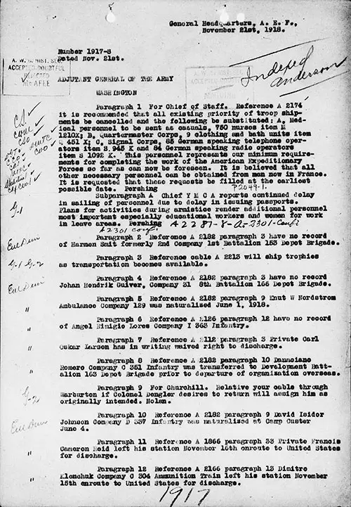 GGA Image ID # 237ee94d8c. Click to View a Larger Image. Pershing Requests a Miminim of 85 German-Speaking Telephone Operators, Cable Number 1917, Part 1 of 3, General Headquarters, A.E.F., 21 November 1918.