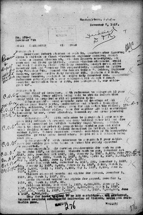 Cable Number 276, Part 1 of 4, Headquarters, A.E.F., 08 November 1917.