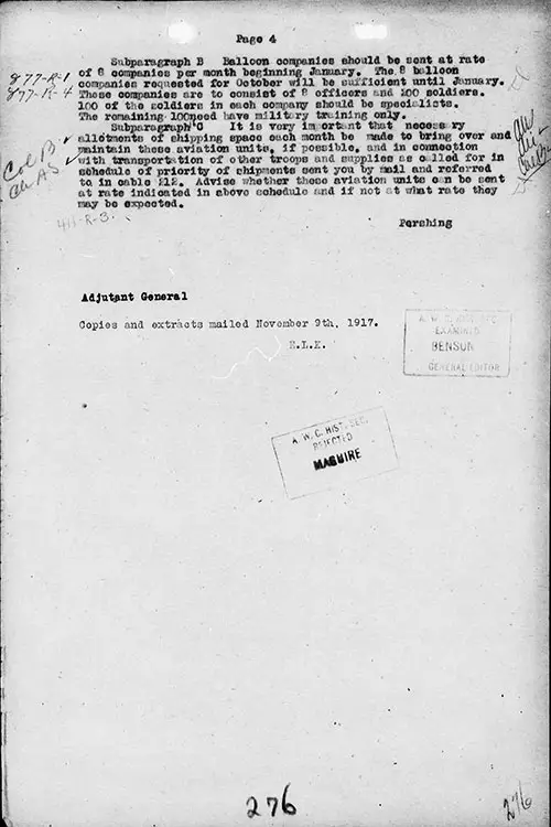 Cable Number 276, Part 4 of 4, Headquarters, A.E.F., 08 November 1917.