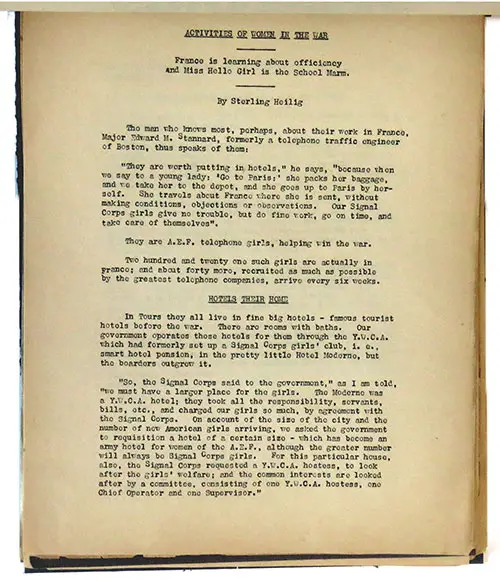 GGA Image ID # 237ae95ae5. Click to View a Larger Image. Page From the Momento Book About Activities of Women in the War. “France Is Learning About Efficiency and Miss Hello Girl Is the School Marm. by Sterling Heilig.