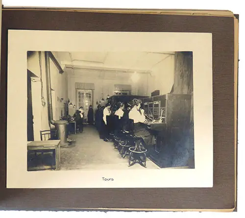 GGA Image ID # 237bfde826. Click to View a Larger Image. Photograph of Telephone Operators Staioned in Tours, France Operating the Switchboards. Included in the Momento of the Telephone Operating Units, Signal Corps Book, 1918.