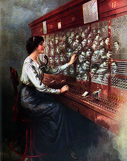 Illustration of a telephone operator surrounded by callers' faces, symbolizing communication during WWI.