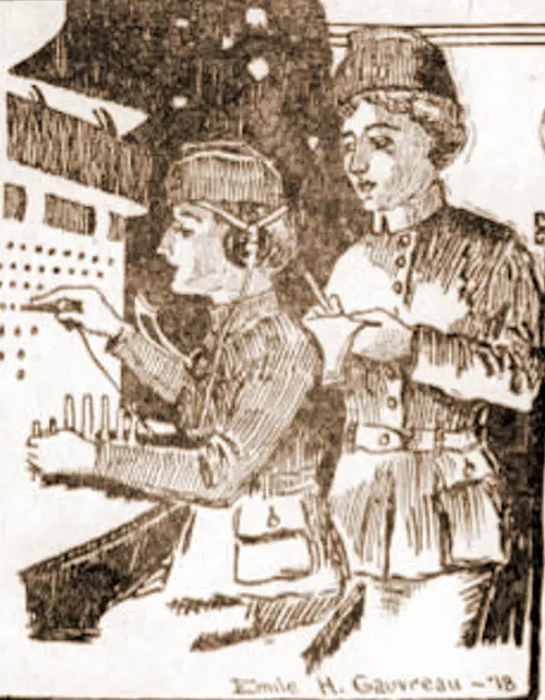 GGA Image ID # 237496cbda "Hello Girls" Telephone Operators at the Switchboard in France. Illustration by Emile Gauvreau, 1918. The Hartford Courant, 18 August 1818.
