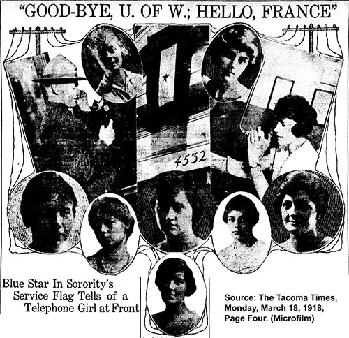Photo from Microfilm Archive of The Tacoma Times, Monday, 18 March 1918, Page 4. Top (L to R) Frances Laney, Doris Summers. Middle Row: Jennie Young, Adele Hoppock, Marjorie McKillip, Helen Naismith, and Helen Hill. Bottom: Ellen Turner.