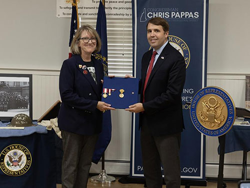 GGA Image ID # 237233fd51 Congressman Chris Pappas (NH) Presented a WWI Victory Medal and a WWI Victory Button Bronze on 3 October 2024, in Recognition of Grace Derby Banker's Service to Our Nation with the US Amry Signal Corps to Her Graddaughter, Carolyn Timbie.