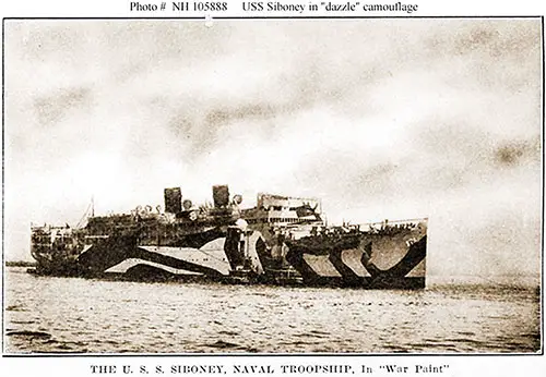 USS Siboney in WWI dazzle camouflage; one of many troopships departing Brest in Aug 1919