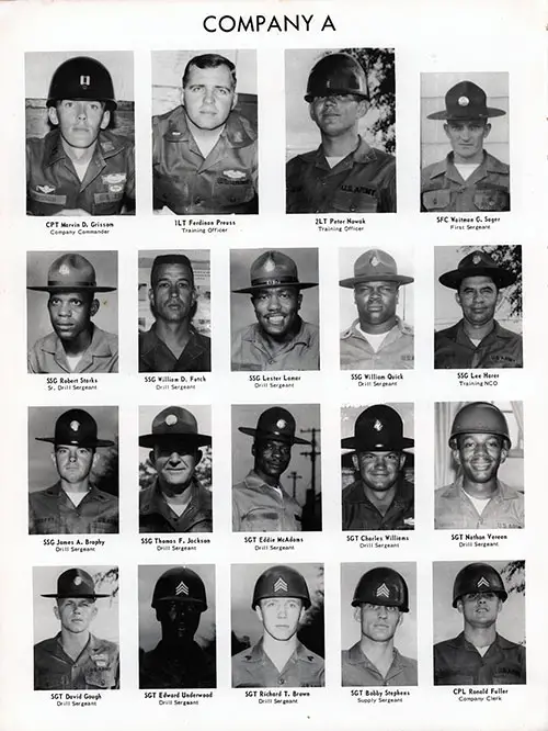 Company A 1968 Fort Benning Basic Training Leadership, Part 2. Portraits (Top to Bottom, Left to Right) Include: CPT Marvin D. Grissom, 1LT Ferdinan Preuss, 2LT Peter Nowak, SFC Waitman G. Sager, SSG Robert Starks, SSG William D. Futch, SSG Lester Lamar, SSG William Quick, SSG Lee Harer, SSG James A. Brophy, SSG Thomas F. Jackson, SGT Eddie McAdams, SGT Charles Wiliams, SGT Nathan Vereen, SGT David Gough, SGT Edward Underwood, SGT Richard T. Brown, SGT Bobby Stephens, and CPL Ronald Fuller.