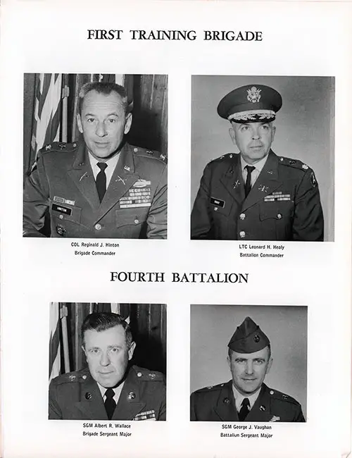 Company E, 4th BTN, 1st Training Brigade 1967 Fort Campbell Basic Training Leadership, Page 1. Portrait Phots Include: COL Reginald J. Hinton, LTC Leonard H. Healy, SGM Albert R. Wallace, and SGM George J. Vaughan.