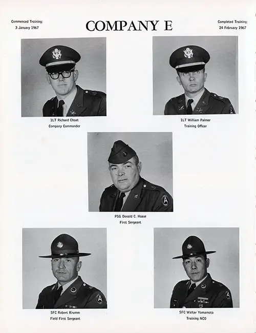 Company E, 4th BTN, 1st Training Brigade 1967 Fort Campbell Basic Training Leadership, Page 2. Portrait Photos Included: 1LT Richard Choat, 1LT William Palmer, PSG Donald C. Haase, SFC Robert Krumm, and SFC Walter Yamamoto.