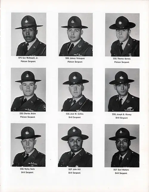Company E, 4th BTN, 1st Training Brigade 1967 Fort Campbell Basic Training Leadership, Page 3. Portrait Photos Included: SFC Gus McDowell, Jr., SSG Johnny Velasquez, SSG Thomas Barnes, SSG Charles Andre, SSG Jack M. Collins, SSG Joseph B. Kovary, SSG Wyley Seals, SGT John Hill, and SGT Earl Walters.