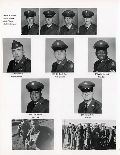 Company E, 4th BTN, 1st Training Brigade 1967 Fort Campbell Basic Training Recruit Photos, Part 9 (Stephen W. Wilson-John H. Zelbert, Jr.). Company E Leadership Portrait Photos Included: SSG Ferrell Glass, SSG Bill Cunningham, SP5 Julius Heyward, SP5 Alvin Johnson, and SP4 Charles Meier. Two Uncaptioned Training Photos Were Also Included.