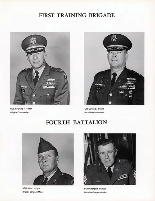 Company C 1968 Fort Campbell Basic Training Leadership, Page 1. First Training Brigade, Fourth Battallion Portraits Incude: COL Reginald J. Hinton, LTC James B. Bryant, SGM Albert Wright, and SGM George R. Wallace.