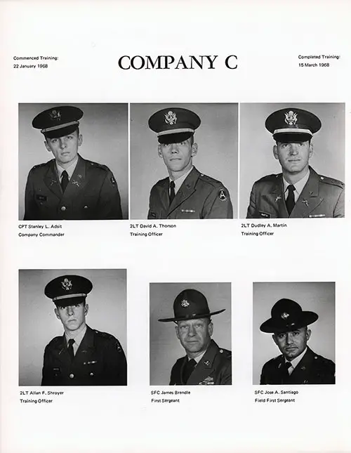 Company C 1968 Fort Campbell Basic Training Leadership, Page 2. Commenced Training: 22 January 1968. Completed Training: 15 March 1968. Portraits Included (Top to Bottom, Left to Right): CPT Stanley L. Adsit, 2LT David A. Thorson, 2LT Dudley A. Martin, 2LT Allan F. Shroyer, SFC James Brendle, and SFC Jose A. Santiago.