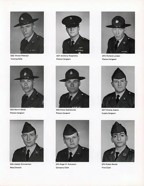 Company C 1968 Fort Campbell Basic Training Leadership, Page 3. Portraits Included (Top to Bottom, Left to Right): SSG Vernon Peterson, SGT Anthony Rosamillia, SFC Richard London, SSG Marvin Weide, SSG Nikos Xadzipoulas, SGT Charles Adams, SSG Adolph Zimmerman, SP4 Roger R. Rukowicz, and SP4 Robert Baudo.