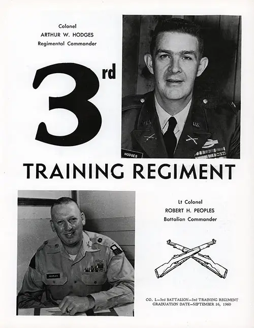 Company L 1960 Fort Dix Basic Training Leadership, Page 1. Third Training Regiment Portrait Photos Included Colonel Arthur W. Hodges, and Lt Colonel Robert H. Peoples.