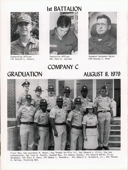 Company C 1979 Fort Dix Basic Training Leadership, Page 1. Portrait Photos of LTC Donald L. Peters, MAJ John D. Latimer, and CSM George L. Hood. (Bottom): First Row, Sgt Lawrence M. Mayer, Ssg Thomas Griffin III, Sgt Edward L. Ellis, Ssg Lee LaFountaine, Sgt Inez M. Paroly, Second Row, ILt Robert Connor, Sfc Edward Walsh, First Sergeant, Sfc Gary A. Ross, Sfc Bobby L. Saunders, Sfc Robert E. Studdard, Jr., Sfc Thomas K. Kelley, Training NCO.