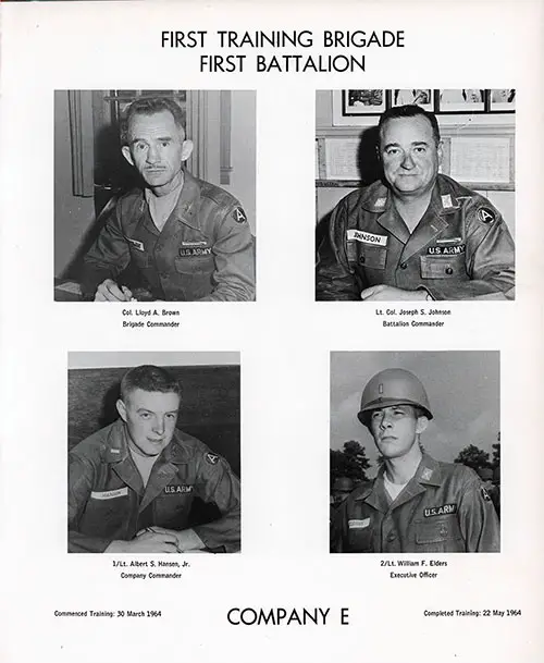 Company E 1964 Fort Jackson Basic Training Leadership, Page 1. Includes Portrait Photos of Co. Lloyd A. Brown, Lt. Col. Joseph S. Johnson, 1/Lt. Albert S. Hansen, Jr., and 2/Lt. William F. Elders.