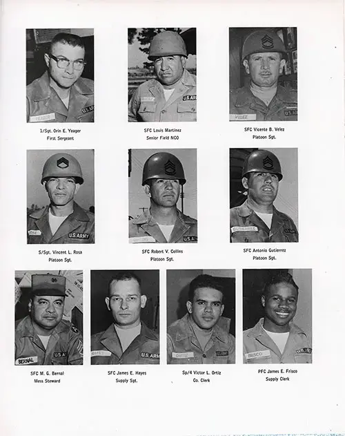 Company E 1964 Fort Jackson Basic Training Leadership, Page 2. Includes Portrait Photos of 1/Sgt. Orin E. Yeager, SFC Louis Martinez, SFC Vicente B. Velez, S/Sgt. Vincent L. Rosa, SFC Robert V. Collins, SFC Antonio Gutierrez, SFC M. G. Bernal, SFC James E. Hayes, Sp/4 Victor L. Ortiz, and PFC James E. Frisco.