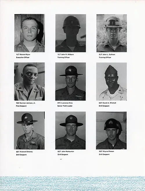 Company B 1969 Fort Jackson Basic Training Leadership, Page 2. Contains Portrait Photos of 1LT Warren Wynn, 1LT John R. Wilborn, 2LT John L. Sullivan, 1SG Norman Jamison, Jr., SFC Lawrence Nine, SGT David A. Mitchell, SGT Richard Delaney, SGT John Warburton, and SGT Wayne Watson.