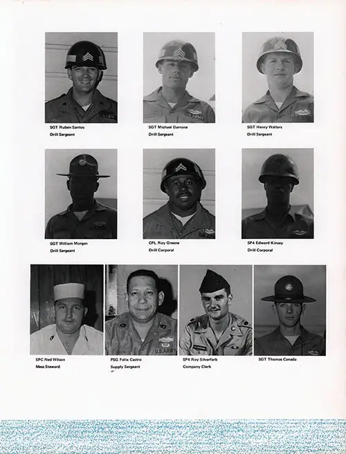 Company B 1969 Fort Jackson Basic Training Leadership, Page 3. Contains Portrait Photos of SGT Ruben Santos, SGT Michael Garrone, SGT Henry Walters, SGT William Morgan, CPL Roy Greene, SP4 Edward Kinsey, SFC Ned Wilson, PSG Felix Castro, SP4 Roy Silverfarb, and SGT Thomas Canada.