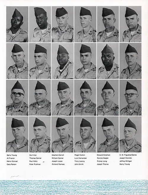 Company B 1969 Fort Jackson Basic Training Recruit Photos, Part 8 (Barry Young x2 Plus Burl Aye, Stephen Carroll, Roger Corbin, Edward Coleman, C. M. Figueroa-Garcia, AI Franco, Thomas Garner, William Garner, Luis Hernandez, Ronnie Haigier, Joseph Koraido, Heinz Konrad, Paul Kelly, Joseph Lopez, Tony Lecroy, Rickey Long, Jeffrey Milligan, Gary Parson, Peter Rudman, Richard Ramsey, John Smith, and Joseph Thorne.).