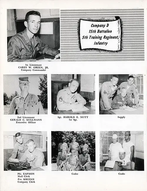 Company D 1956 Fort Knox Basic Training Leadership, Page 1. Portrait Photos Include 1LT Carey W. Green, Jr., 2LT Gerald C. Kullmann, SGT Harld E. Nutt, PVC Eapmon, and PVT Kruzan. Additional Images are Group Photos of Supply, Cadre, and Cooks.