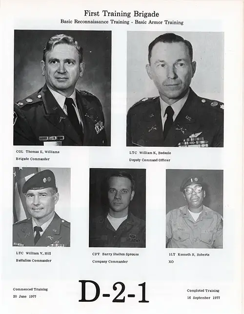 Company D-2-1 1977 Fort Knox Basic Training Leadership, Page 1. First Training Brigade - Basic Reconnaissance Training - Basic Armor Training. Portrait Photos Include COL Thomas E. Williams, LTC William K. Bedsole, LTC William V. Hill, CPT Barry Shelton Sprouse, and 1LT Kenneth R. Roberts.