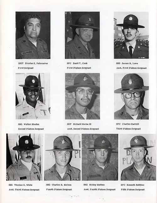 Company D-2-1 1977 Fort Knox Basic Training Leadership, Page 2. Portrait Photos Include 1SGT Nicolas S. Palomares, SFC Basil T. Cook, SSG James R. Lowe, SSG Walter Rhoden, SGT Richard Rocha III, SFC Charles Harrell, SSG Thomas E. White, SSG Charles R. Melson, SSG Rickey Mathes, and SFC Kenneth Robbins.