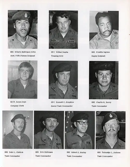 Company D-2-1 1977 Fort Knox Basic Training Leadership, Page 3. Portrait Photos Include SSG Hilario Rodriquez Ortiz, SFC Wilbur Dopita, SSG Freddie Ingram, SP4 James Joye, SFC Emmett C. Simpkins, SSG Charlie N. Berry, SSG Dale L. Chittick, SSG Eric Holimann, SSG Robert J. Hurley, and SSG Talmadge L. Jackson.