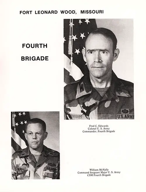Company B 1986 Fort Leonard Wood Basic Training Leadership, Page 1. Fourth Brigade Portrait Photos Include COL Fred C. Edwards and CSM William McNally.