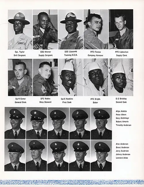 Company A 1965 Fort Ord Basic Training Recruit Photos, Part 1 (Allyn Adatto-Leonard Atlee). The Top Section Contains Leadership and Support Personnel including Sgt. Taylor, SSG Warner, SSG Lipscomb, PFC Fiorese, PFC Lipkovitcn, Sp/4 Comer, SFC Robles, Sp/5 Hawkins, PFC Bright, and E-2 Brinkley.