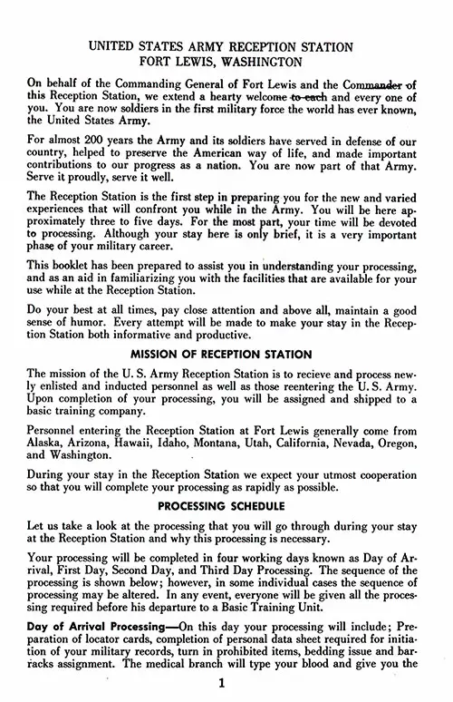 Foreward, Mission of Reception Station, Processing Schedule (Part 1). Ft. Lewis Reception Station, 1950s.