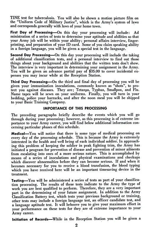Processing Schedule (Concluded) and Importance of This Processing. Ft. Lewis Reception Station, 1950s.
