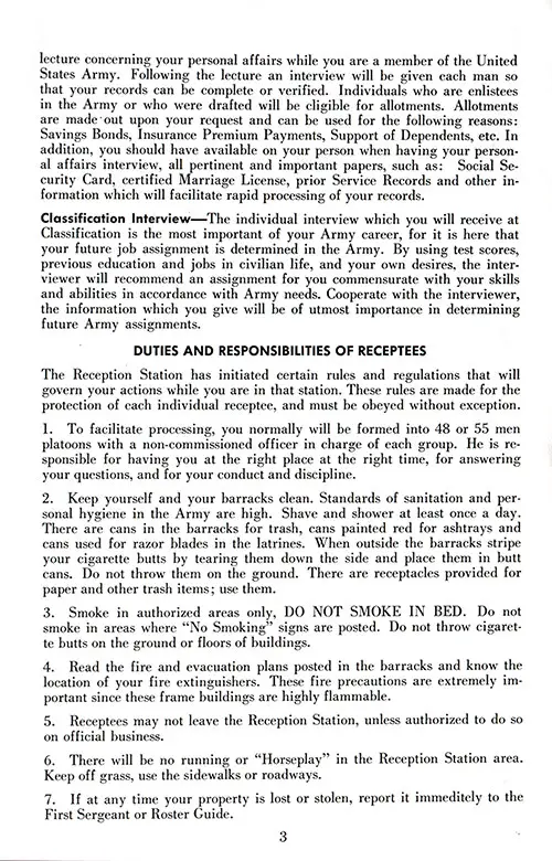 Importance of This Processing (Concluded). Duties and Responsibilities of Receptees (Part 1). Ft. Lewis Reception Station, 1950s.