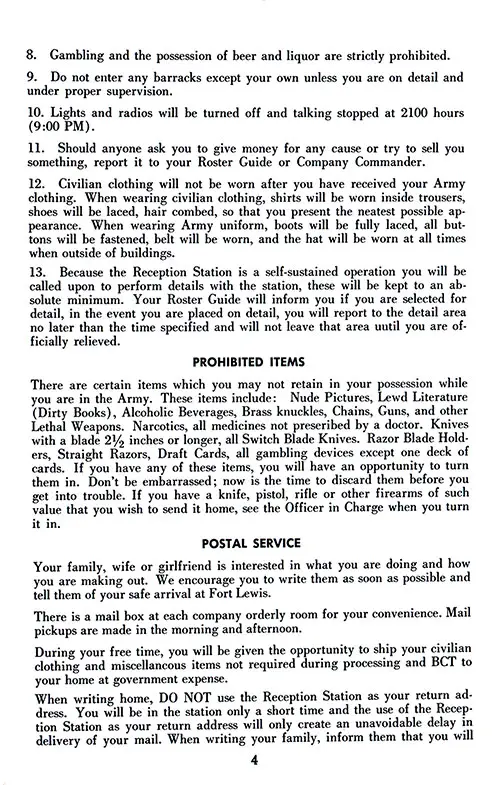Duties and Responsibilities of Receptees (Concluded), Prohibited Items, and Postal Service (Part 1). Ft. Lewis Reception Station, 1950s.