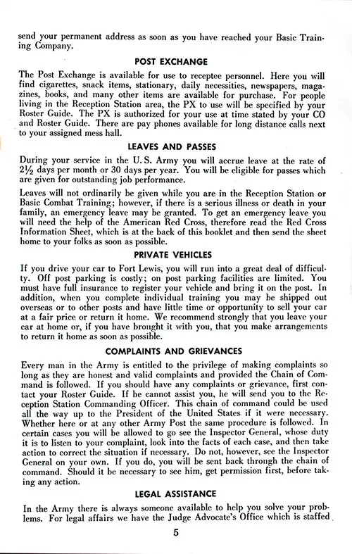 Postal Service (Concluded), Post Exchange, Leaves & Passes, Private Vehicles, Complaints and Grievances, and Legal Assistance (Part 1). Ft. Lewis Reception Station, 1950s.
