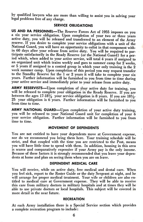 Legal Assistance (Concluded), Service Obligations, Movement of Dependents, Dependent Medical Care, and Recreation (Part 1). Ft. Lewis Reception Station, 1950s.