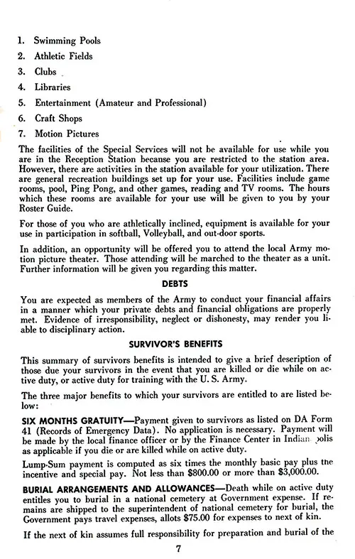 Recreation (Concluded), Debts, Survivor's Benefits (Part 1). Ft. Lewis Reception Station, 1950s.