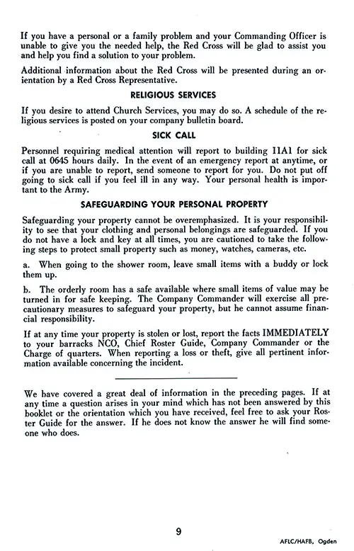 Red Cross Information (Concluded), Religious Services, Sick Call, and Safeguarding Your Personal Property. Ft. Lewis Reception Station, 1950s.